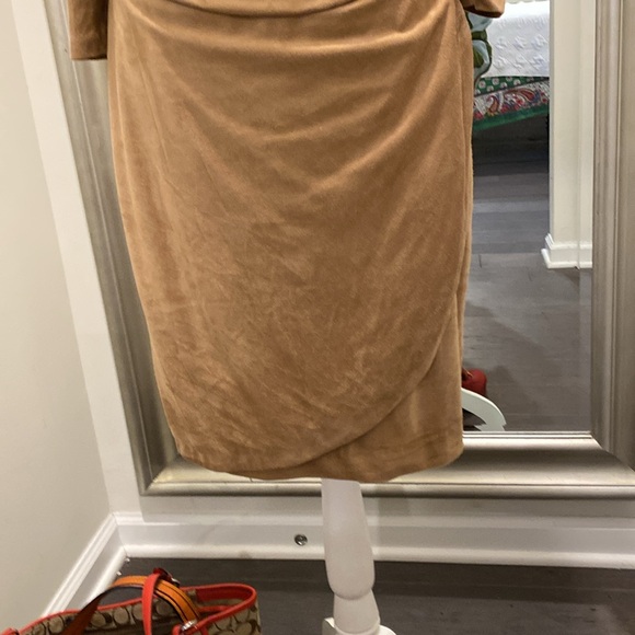 Kay Unger Tan Micro Suede Midi Dress- Faux wrap with decorative side zipper - Picture 3 of 15